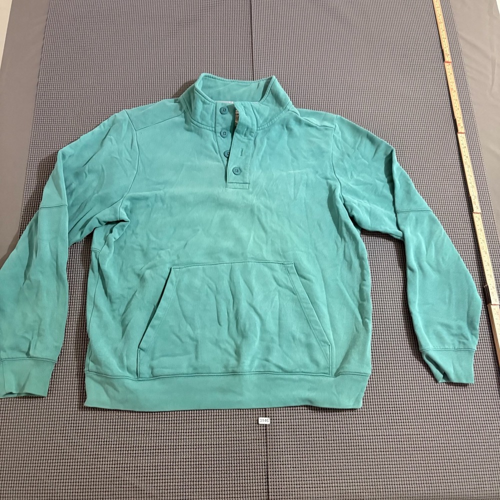 LL Bean Mens Teal Green Button Mock Neck Kangaroo Pocket Sweatshirt Size L REG